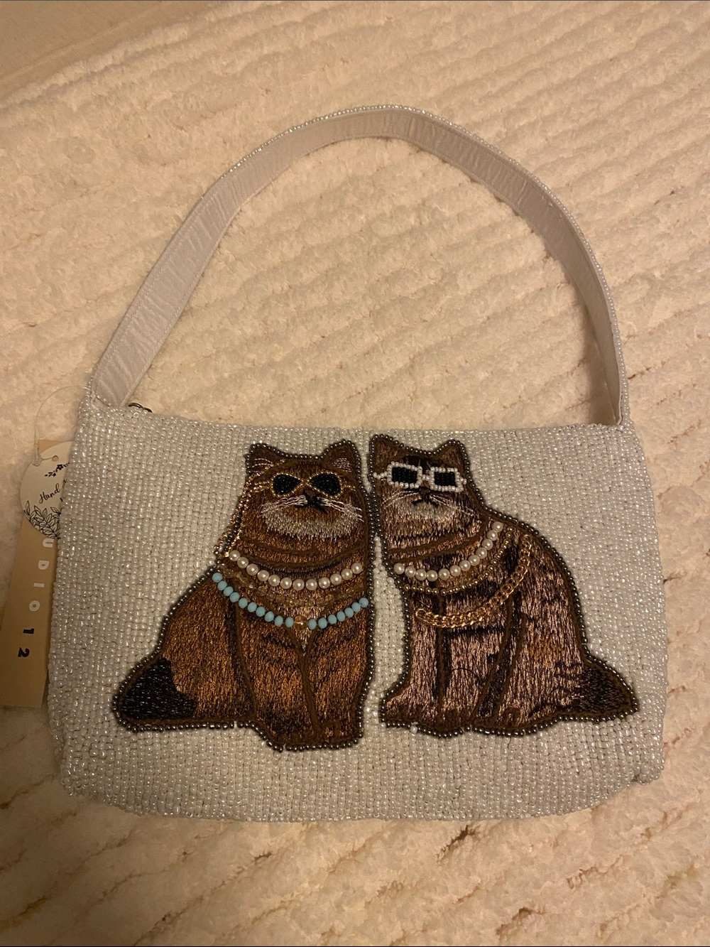 Studio 12 Beaded Cat Shoulder Bag Pearl White